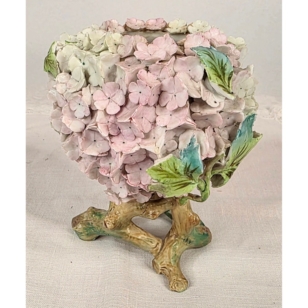 Vintage Majolica Ceramic Hydrangea Flower Bowl Branch Base Pink Cream 6 Inch